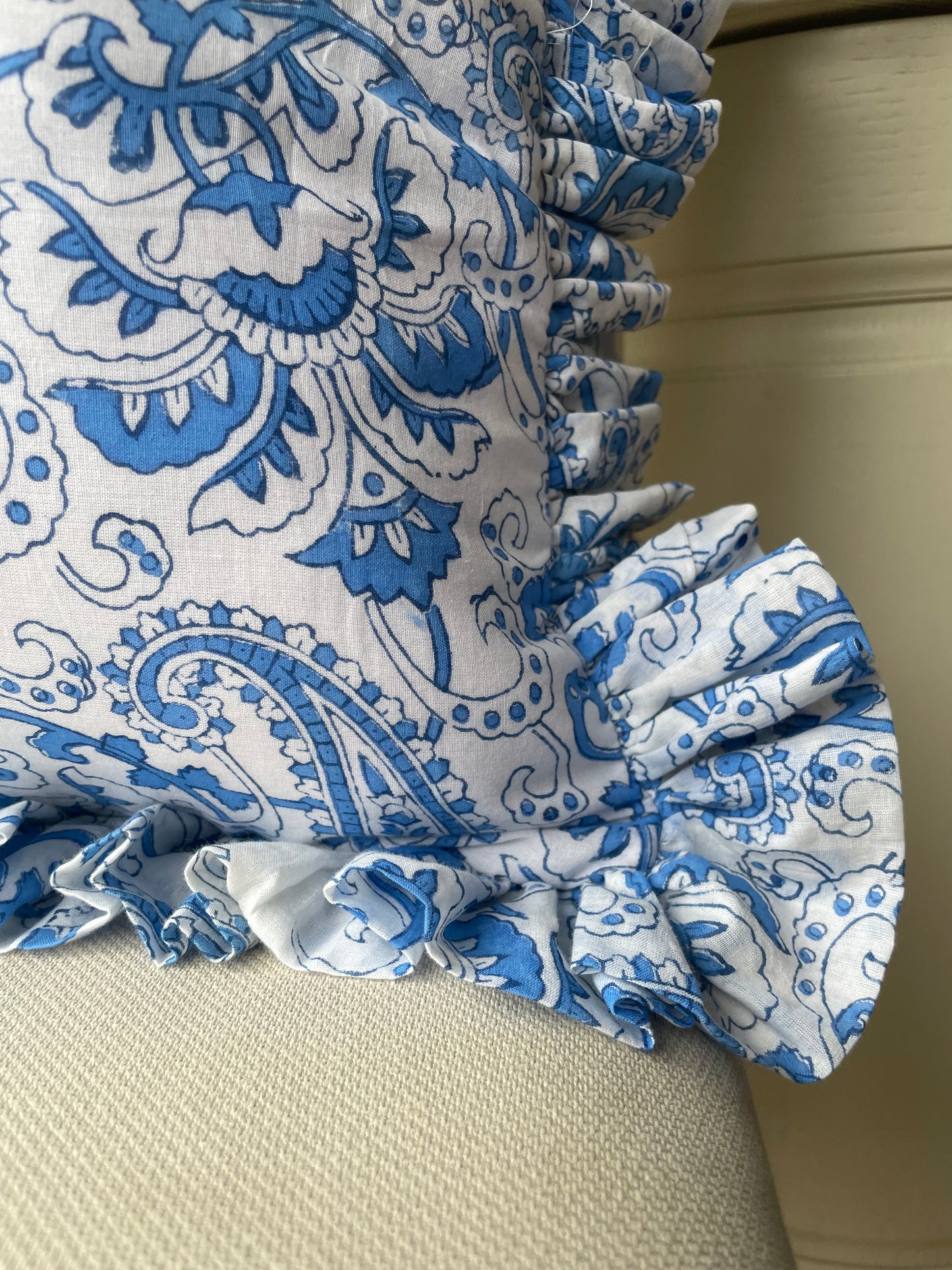 Blue & White Paisley Print Cushion with Matching Frill