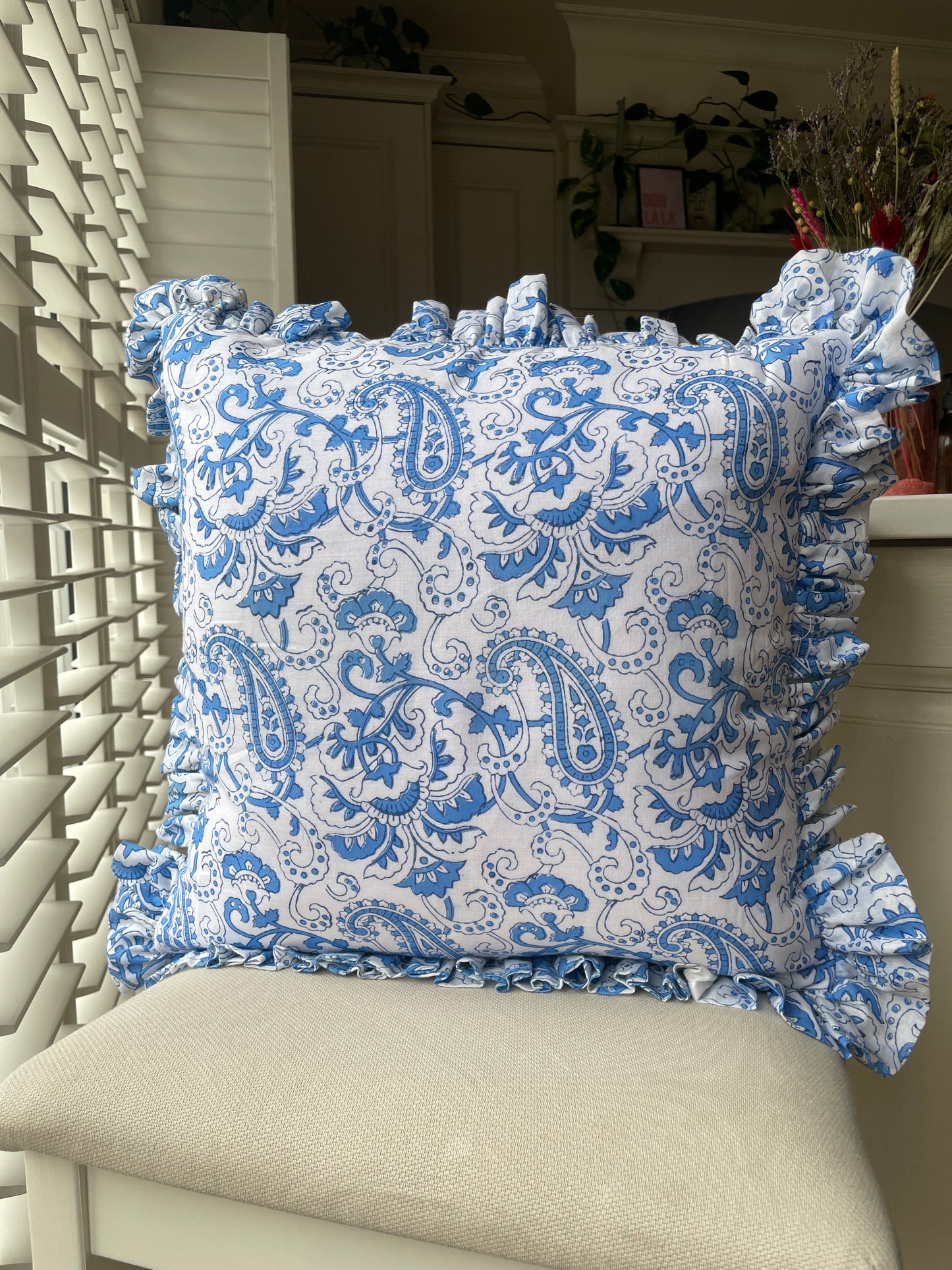 Blue & White Paisley Print Cushion with Matching Frill