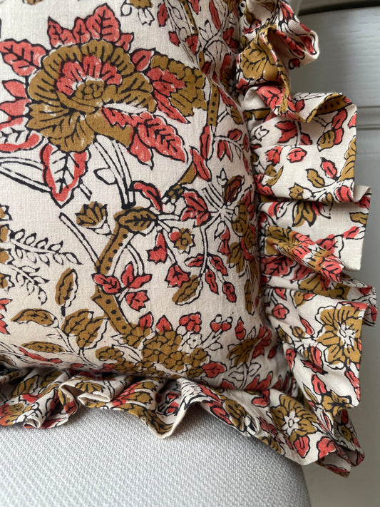 Red & Brown Rustic Floral Cushion with Matching Frill