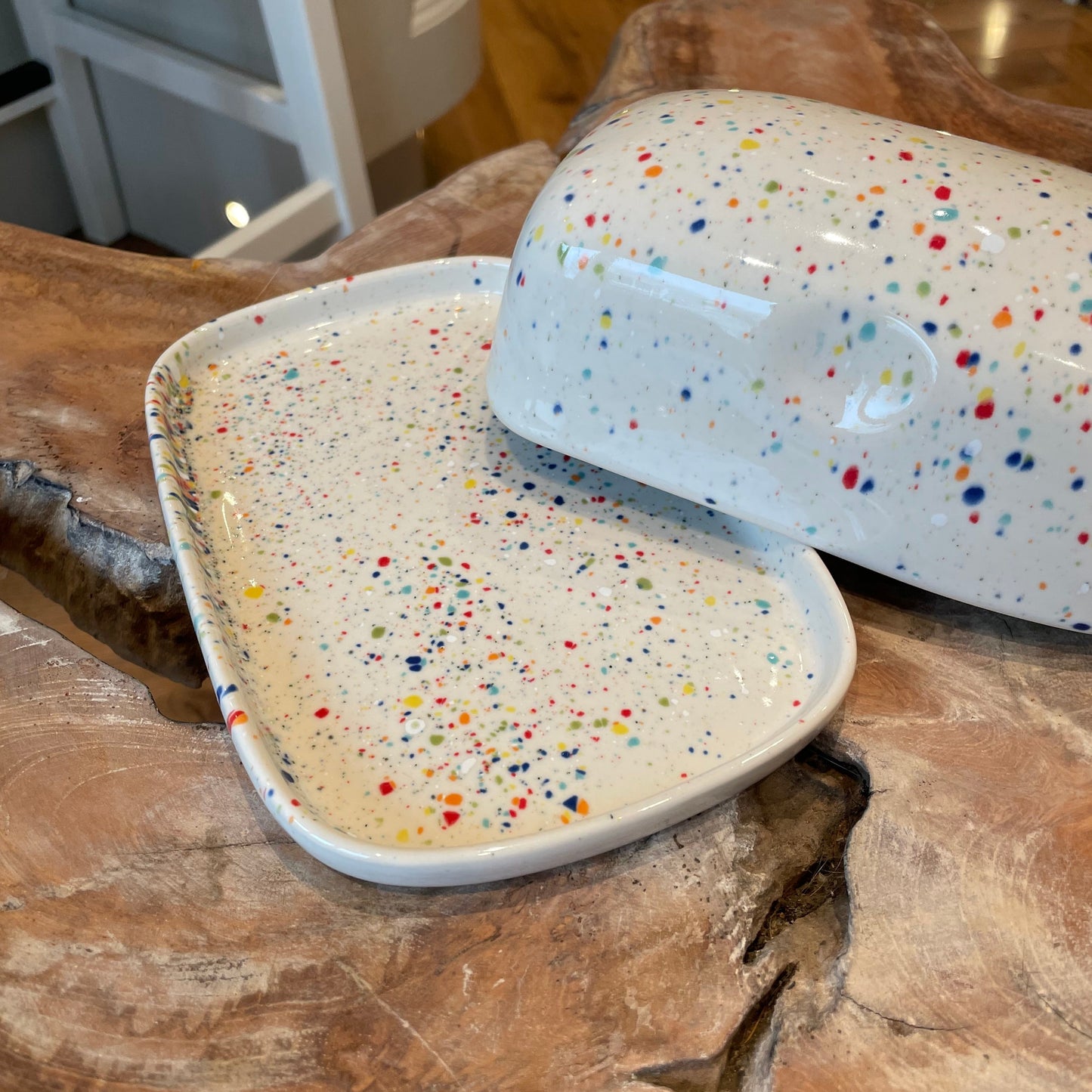 White Butter Dish with Splatter pattern