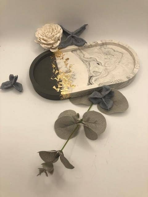 Grey marble and golf leaf oval tray