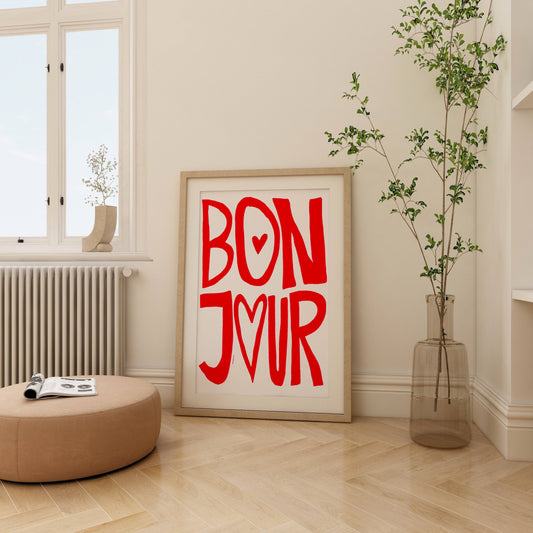 'Bonjour' red heart print