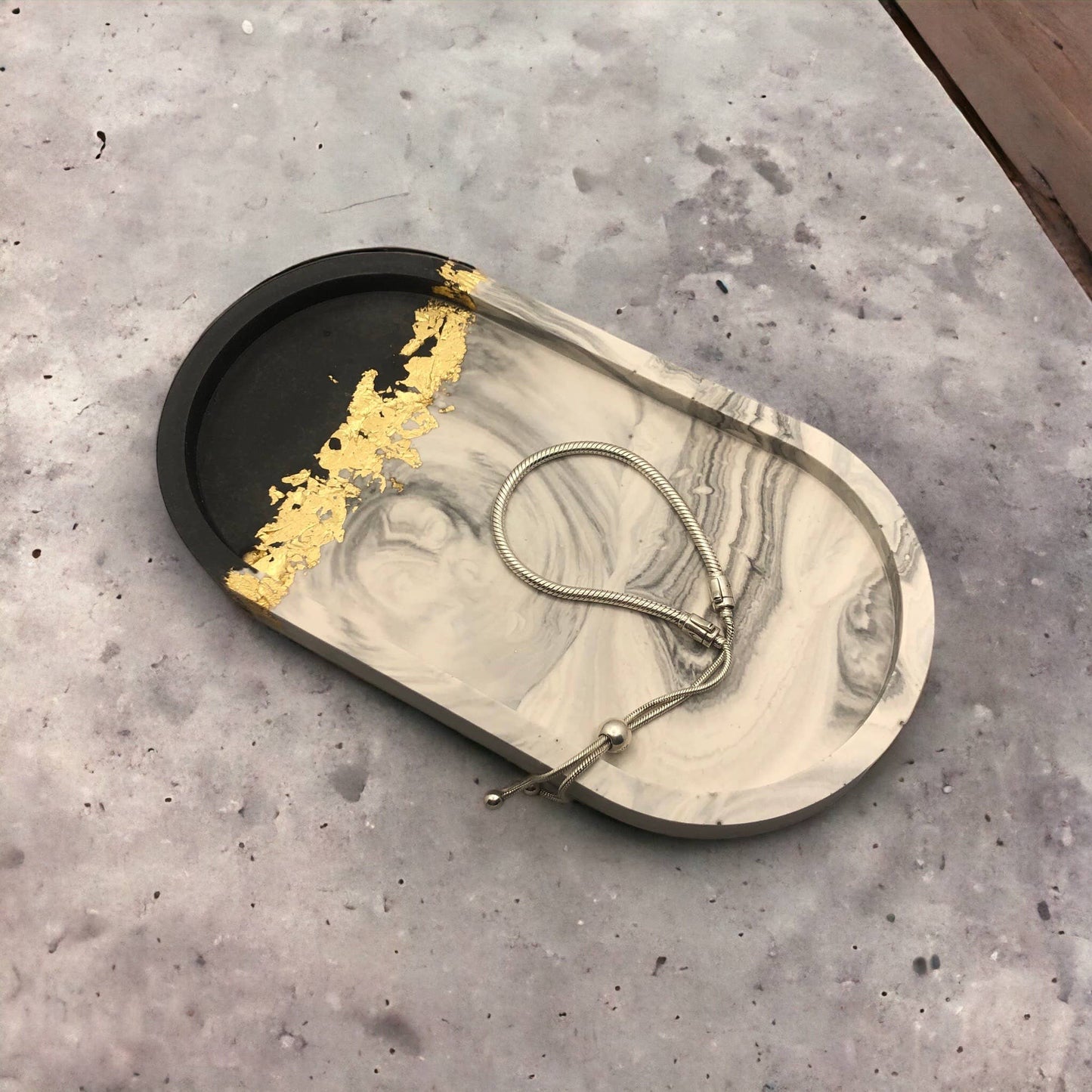 Grey marble and golf leaf oval tray