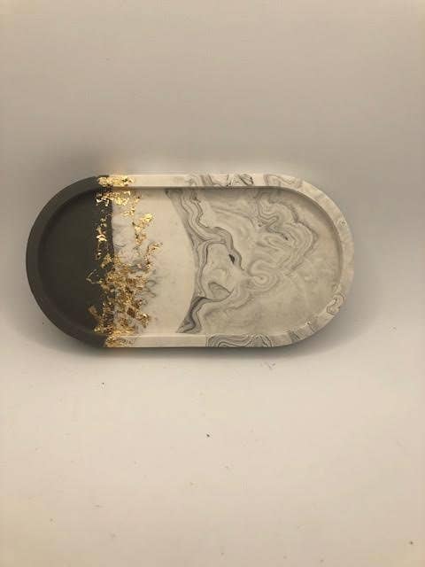 Grey marble and golf leaf oval tray