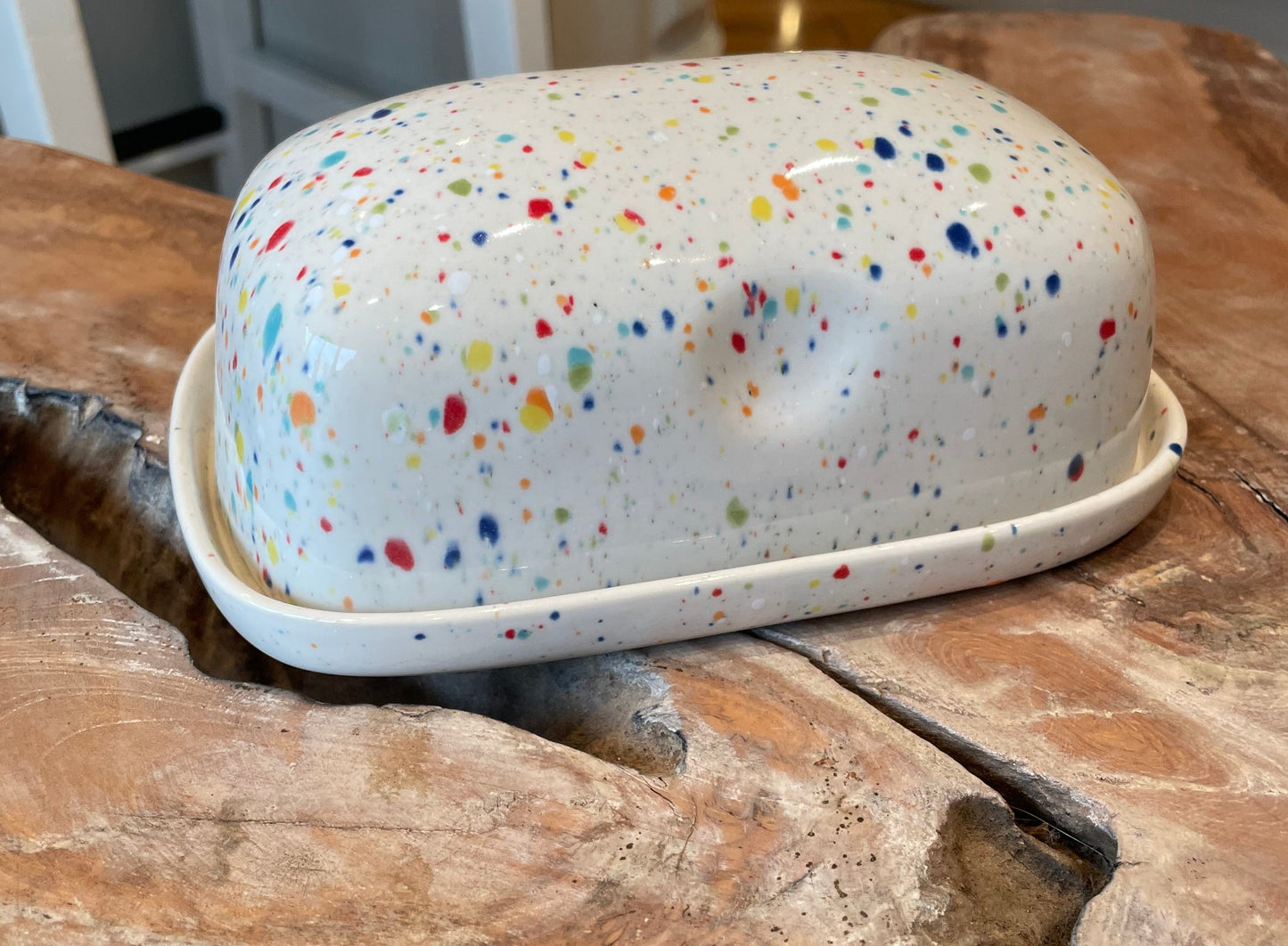 White Butter Dish with Splatter pattern