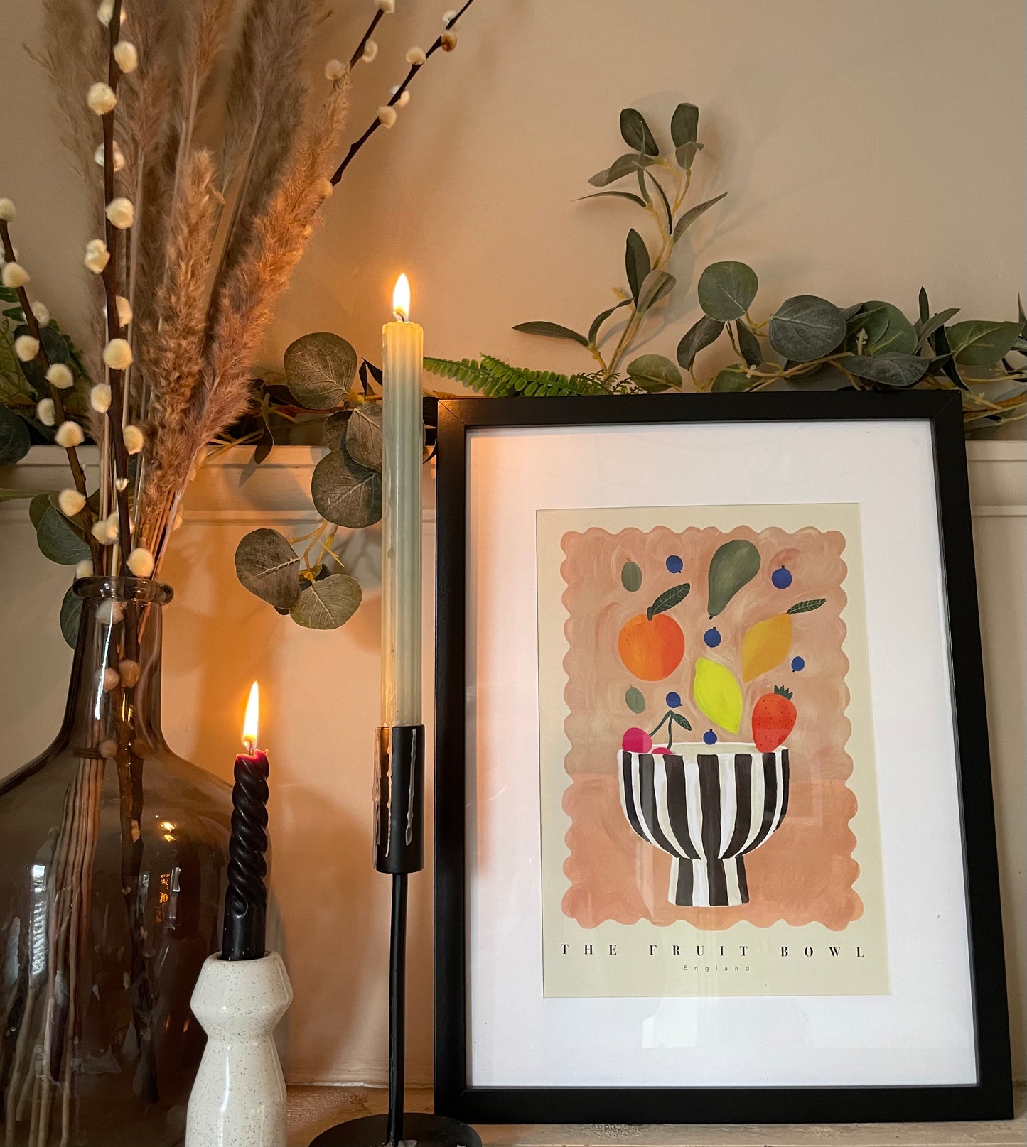 Striped Fruit Bowl Art Print