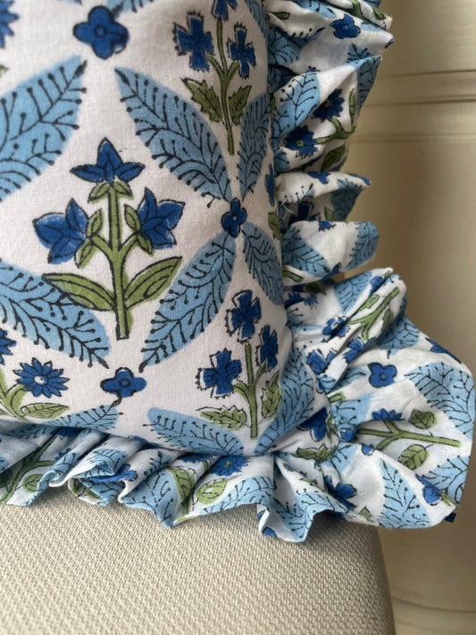 Blue & Green Floral Print Cushion with Matching Frill