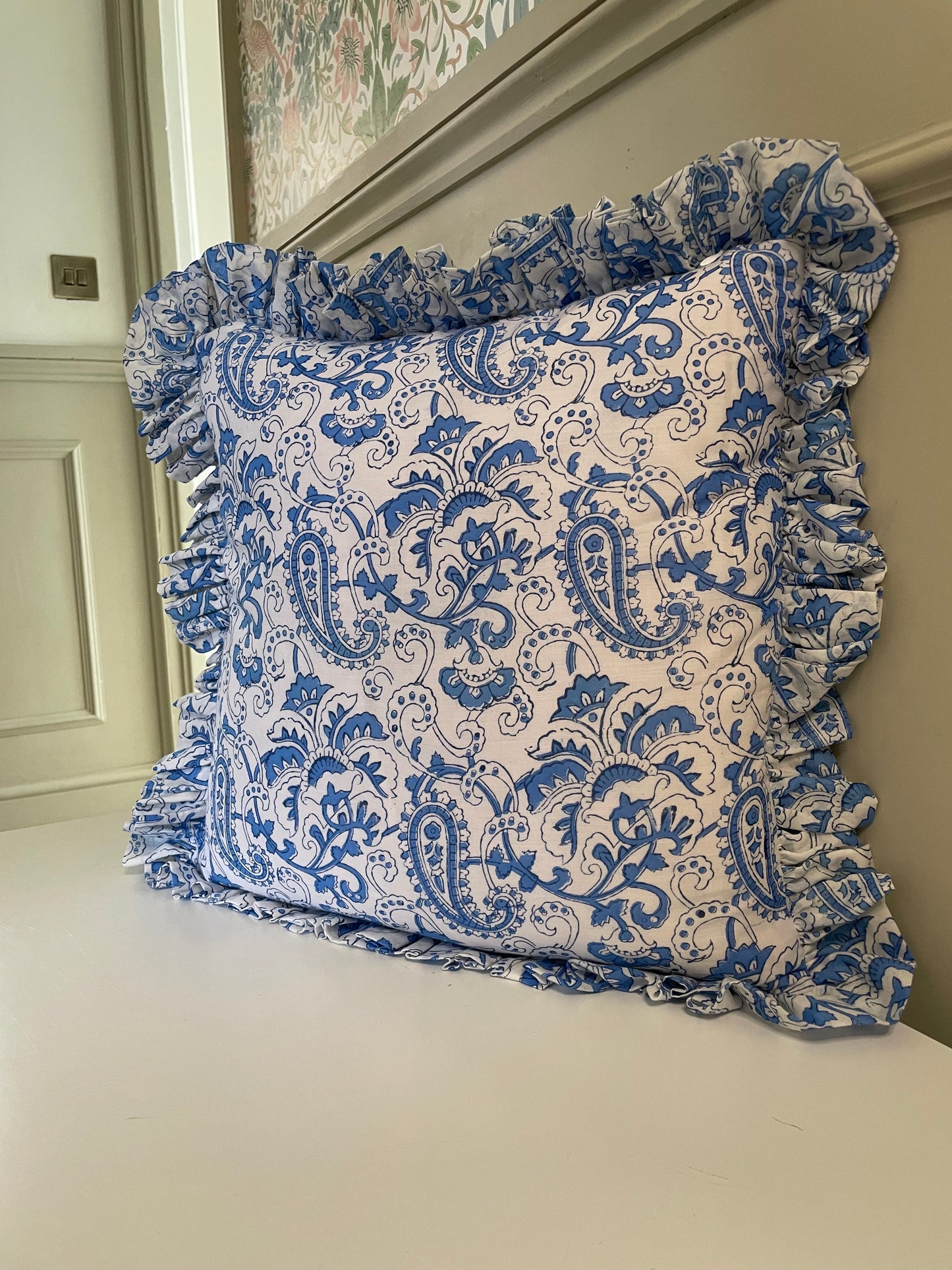 Blue & White Paisley Print Cushion with Matching Frill