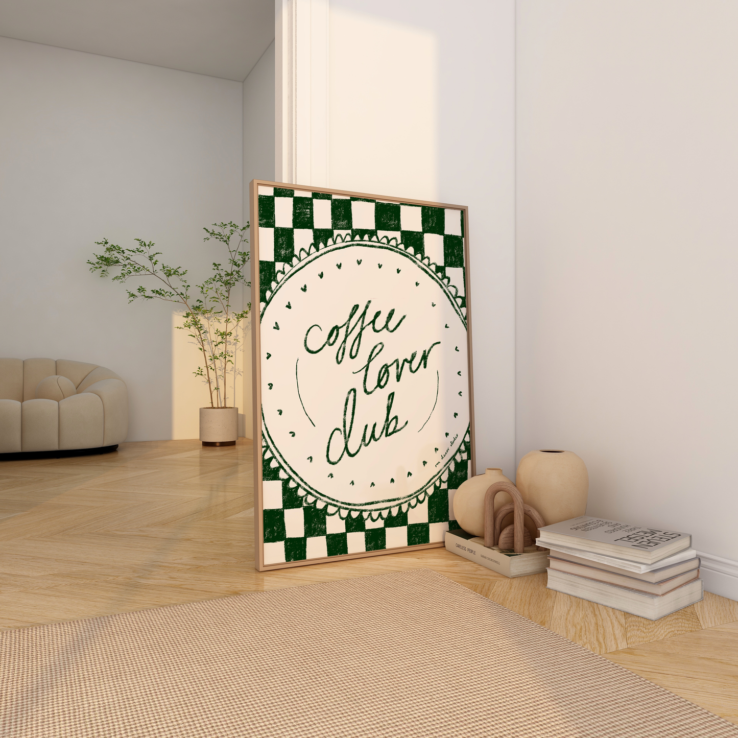 Coffee lover club print typography on a round scalloped plate with a green checkerboard background.  