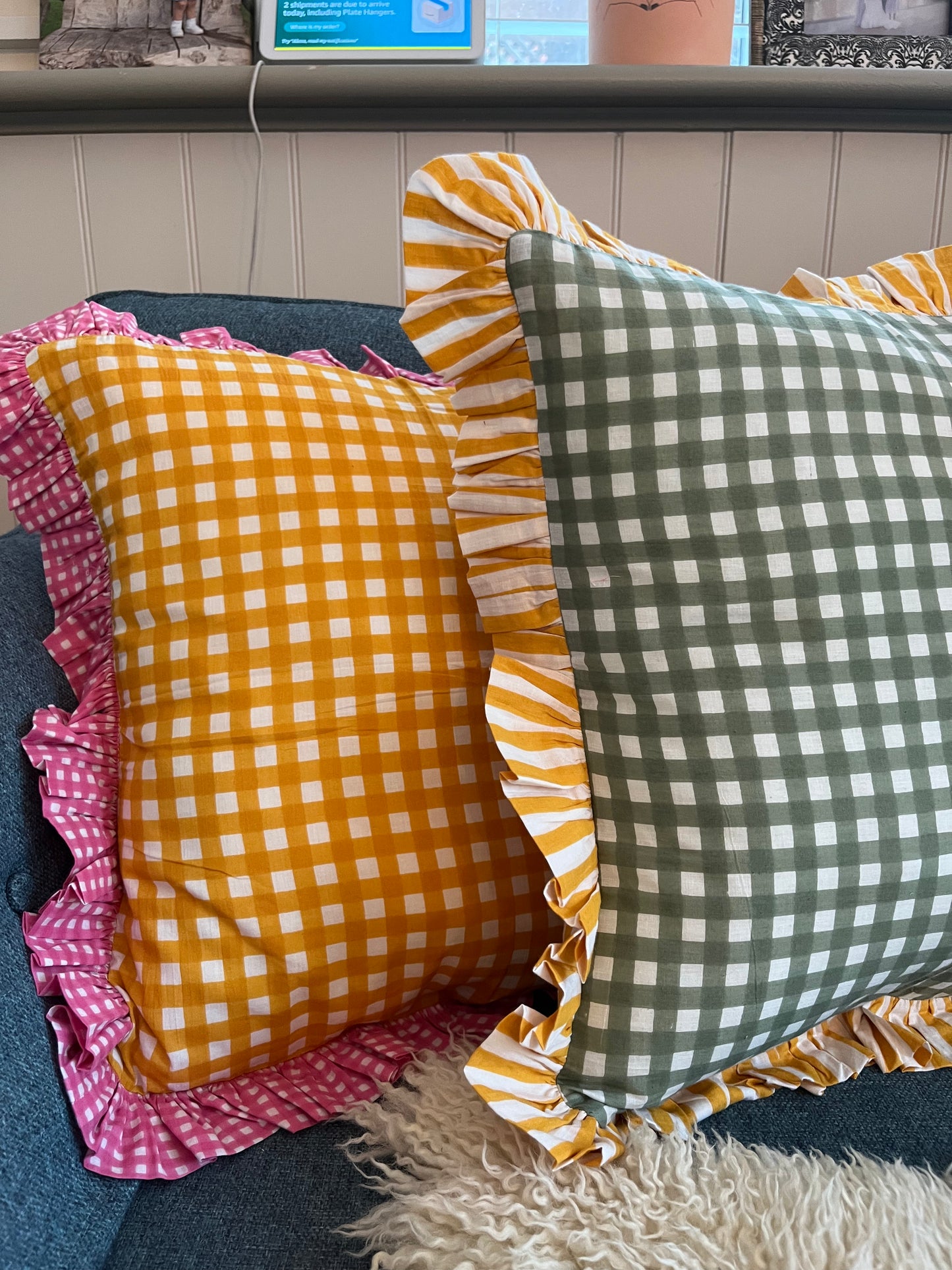 Yellow Gingham Cushion with Pink Gingham Frill | Bright & Cheerful Home Decor