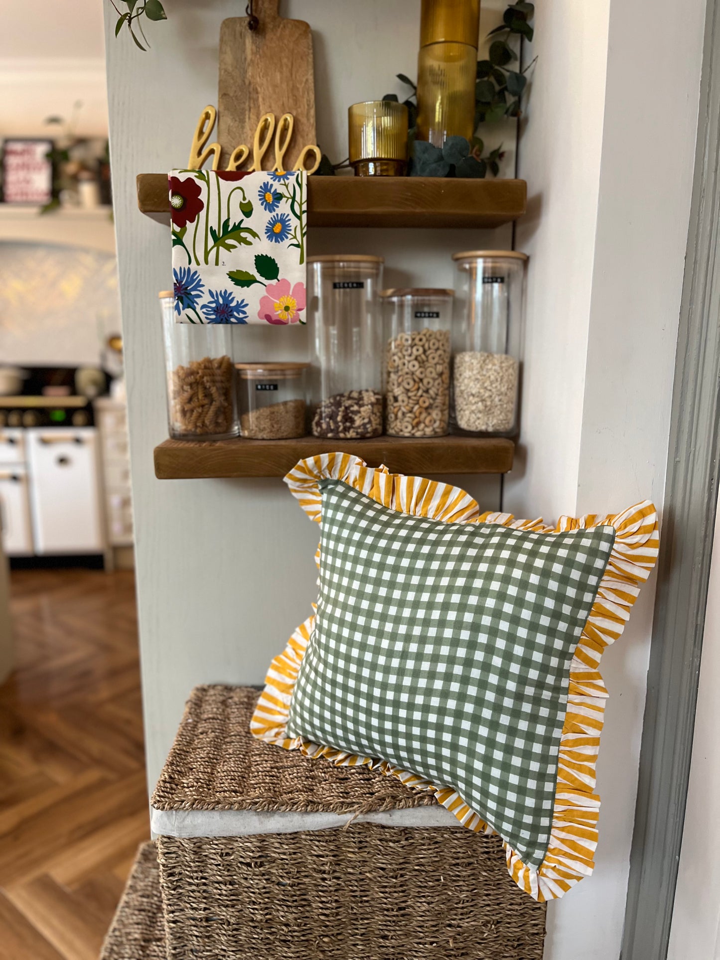 Green Gingham Cushion with Yellow Striped Frill | Vibrant Home Decor Accent