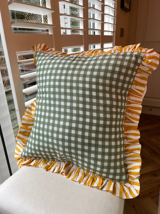 Green Gingham Cushion with Yellow Striped Frill | Vibrant Home Decor Accent