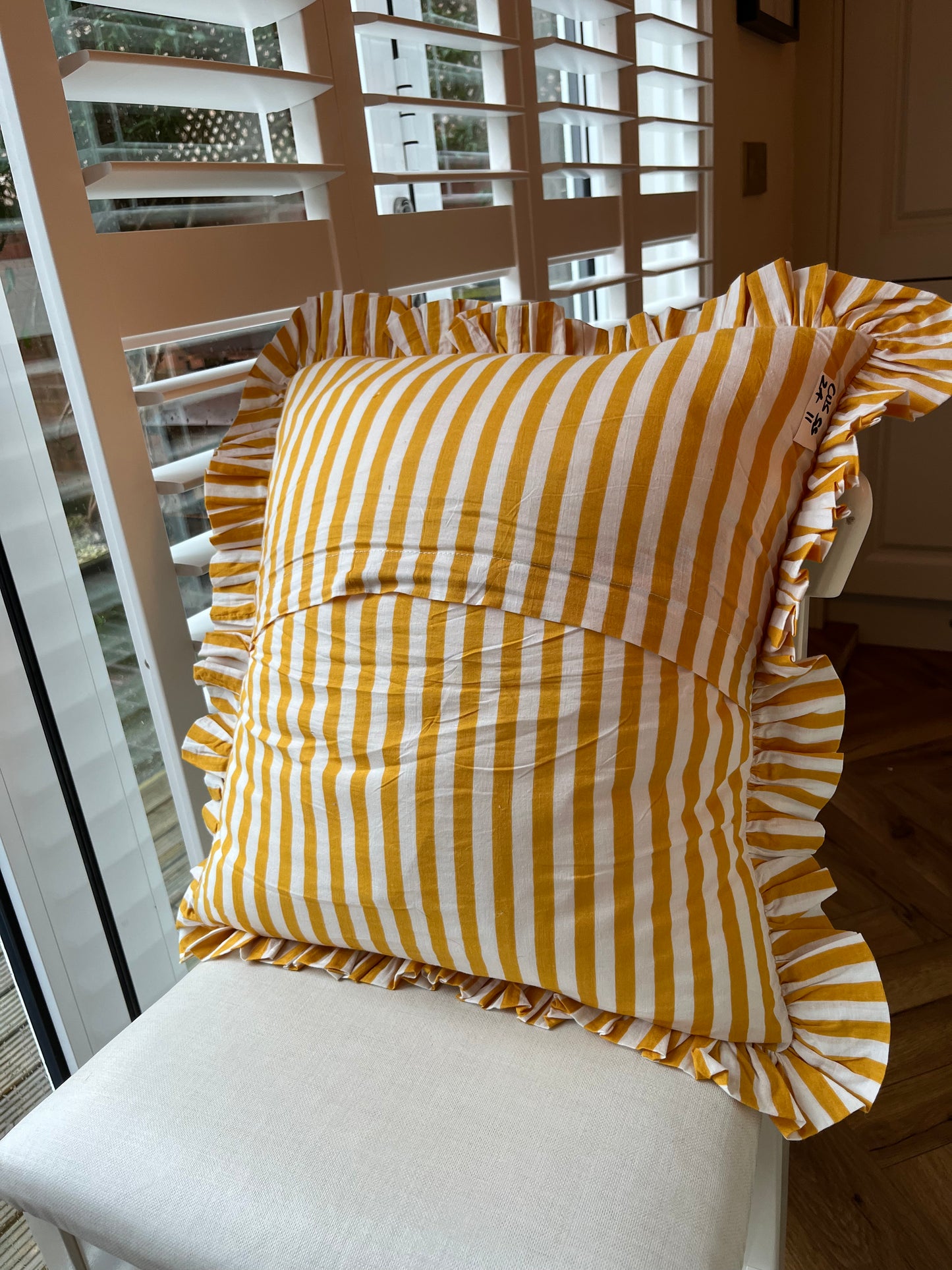 Green Gingham Cushion with Yellow Striped Frill | Vibrant Home Decor Accent