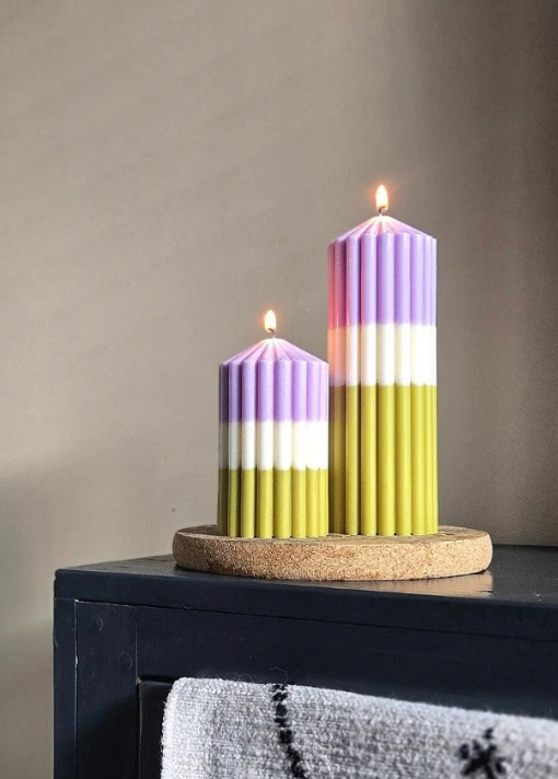 Medium Lilac & Olive Ombre Pillar Candle – Olive | Handcrafted Ribbed Candle