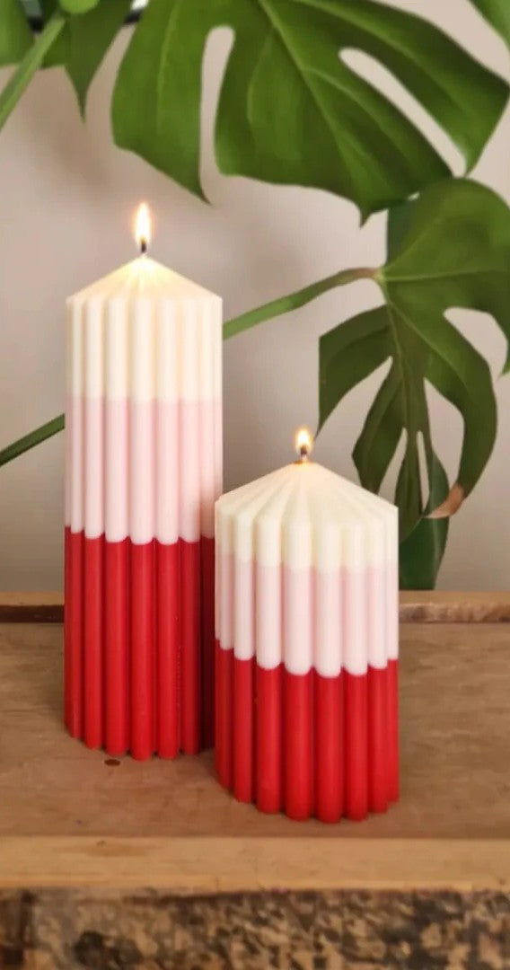 Red, pink and white ombre pillar candle - Mildred | Handmade ribbed candles