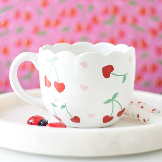 Scalloped Edge White Ceramic Cherry Heart Mug