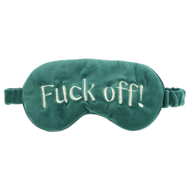 Green velvet eye mask embroidered with the words f*ck off!