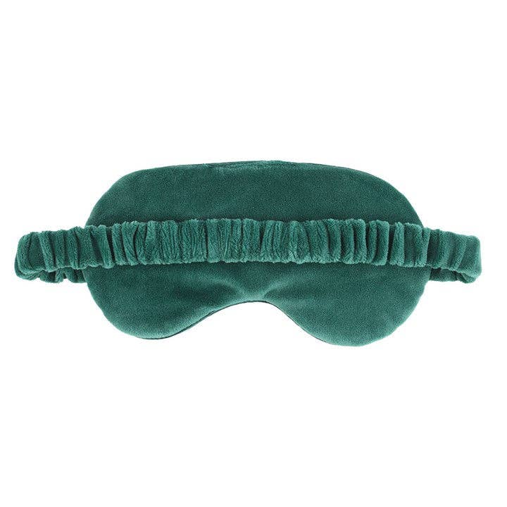 Green velvet eye mask embroidered with the words f*ck off!