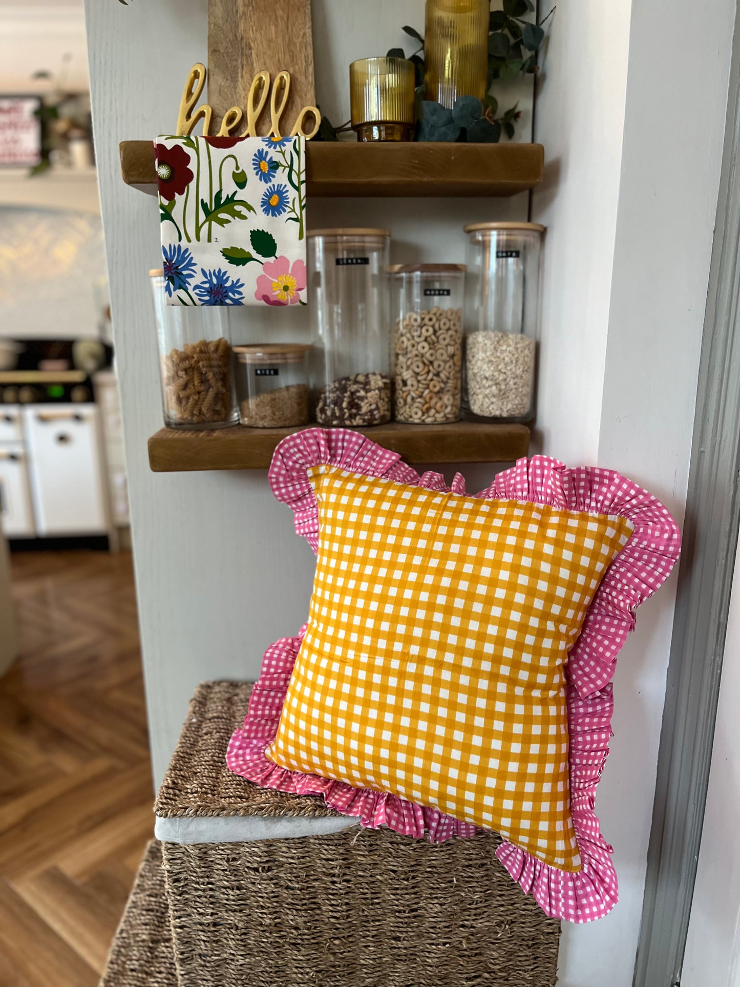 Yellow Gingham Cushion with Pink Gingham Frill | Bright & Cheerful Home Decor