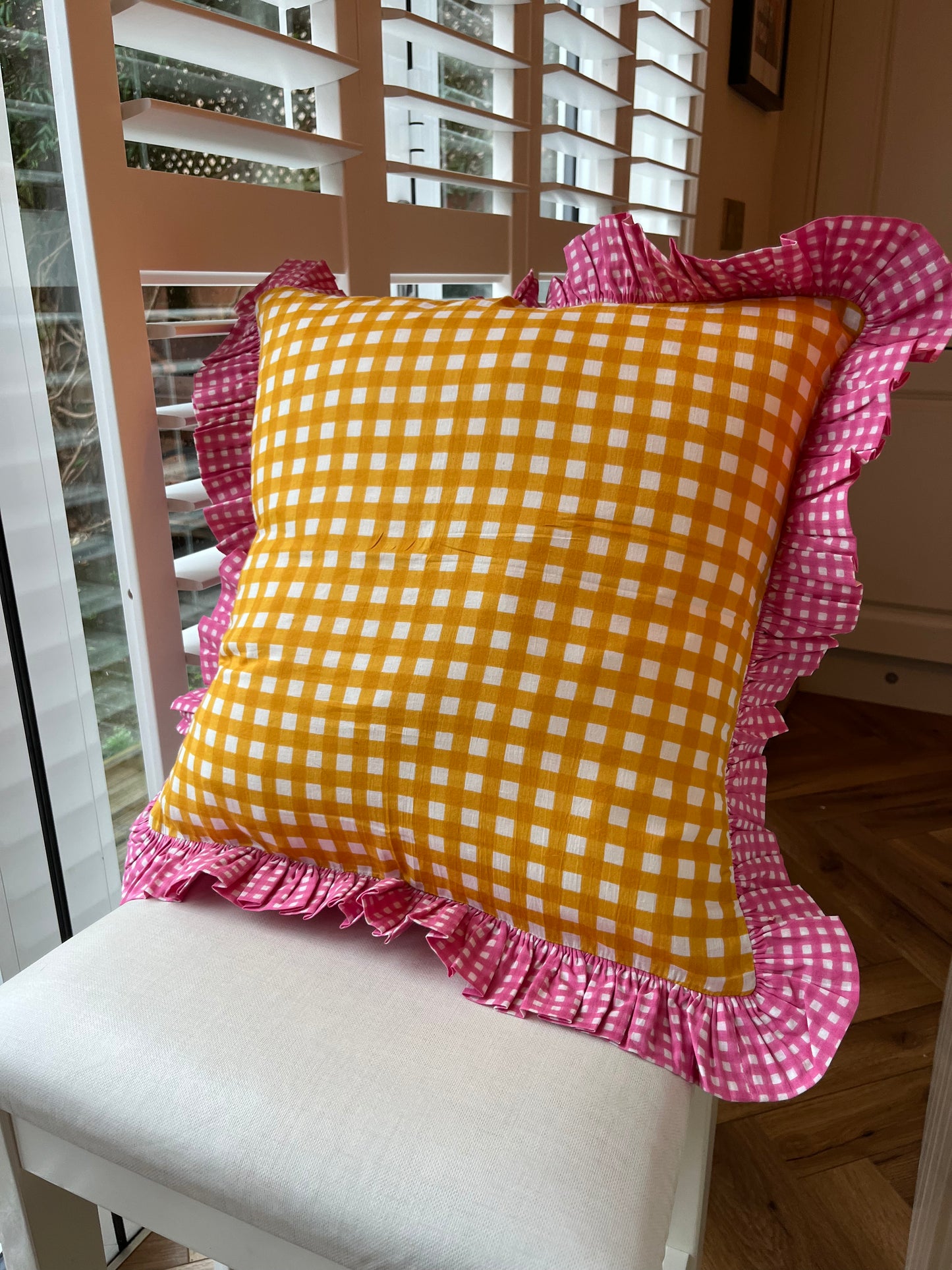 Yellow Gingham Cushion with Pink Gingham Frill | Bright & Cheerful Home Decor