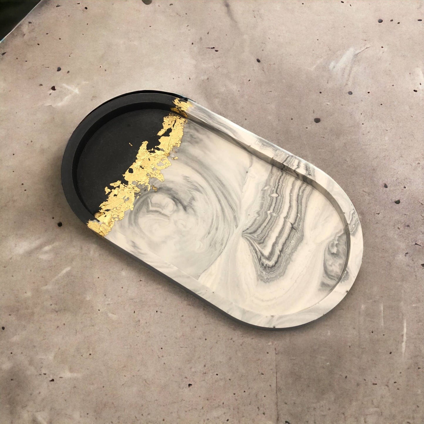 Grey marble and golf leaf oval tray